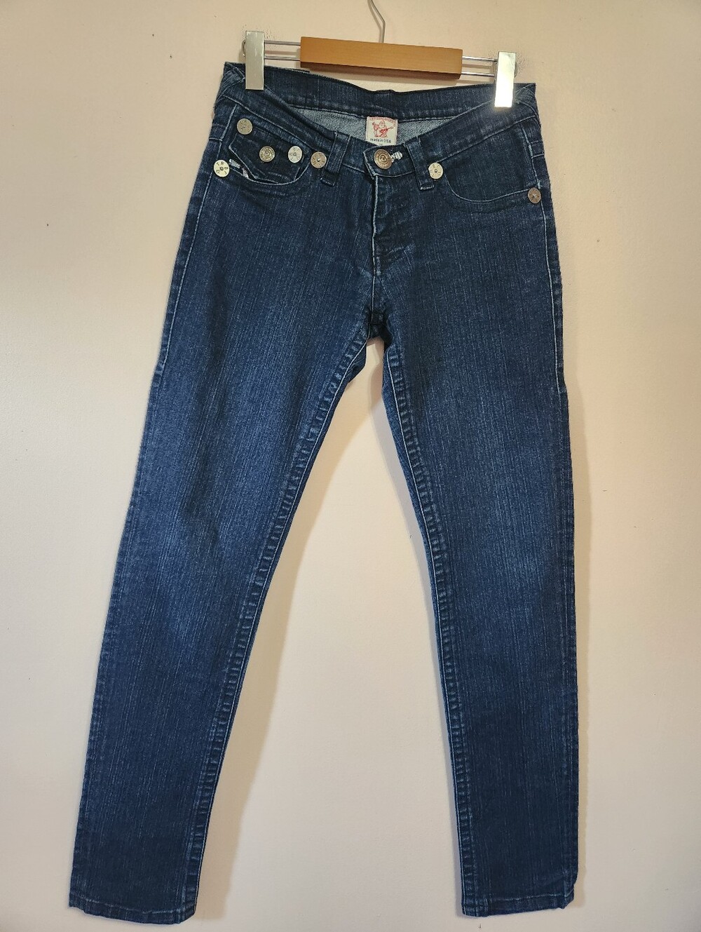 True Religion Johnny Silver Sequin Horseshoe Dark Wash Slim Jeans Y2K USA Sz 28